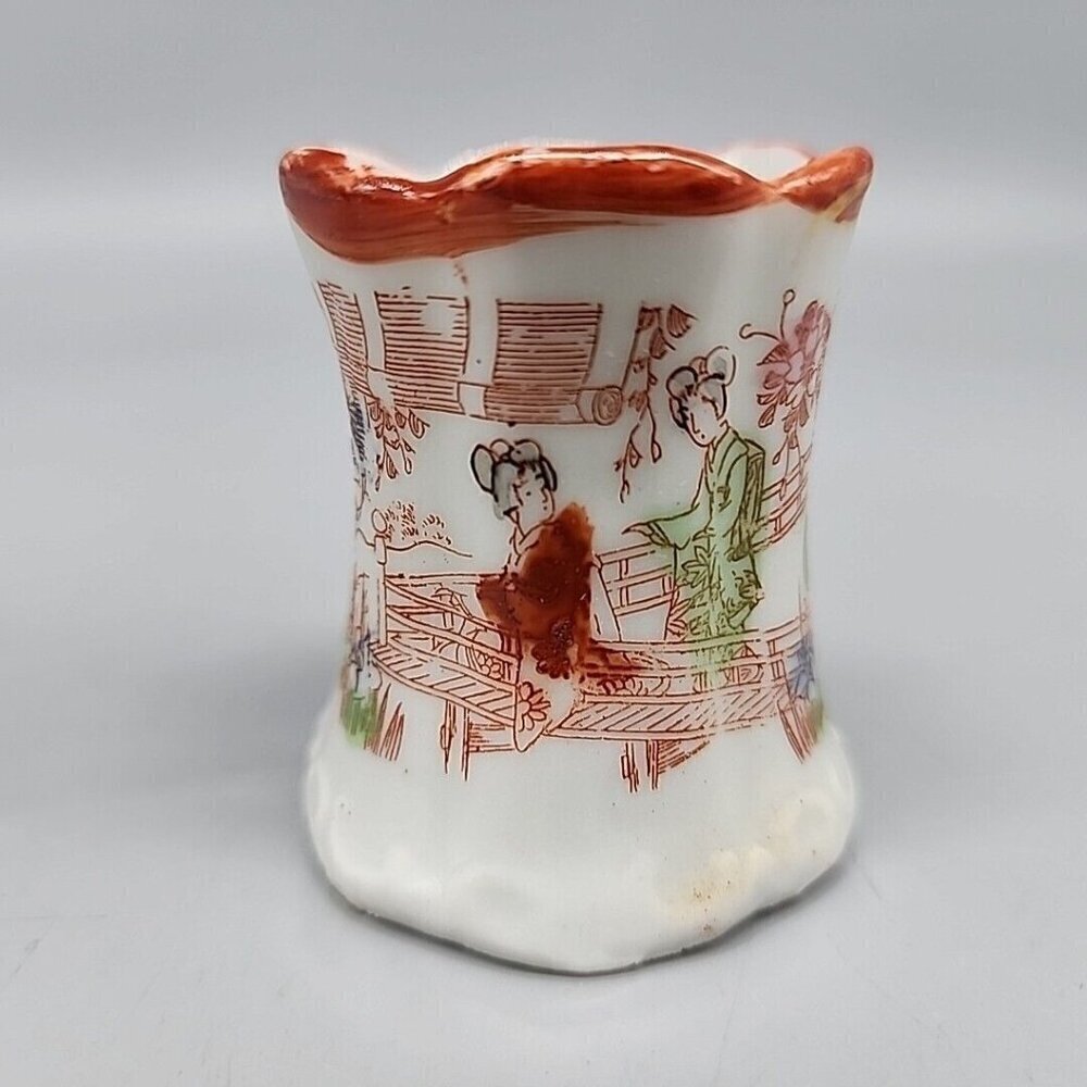 Toothpick Holder Decorated With Japanese Geisha Scene Porcelain 2.5"